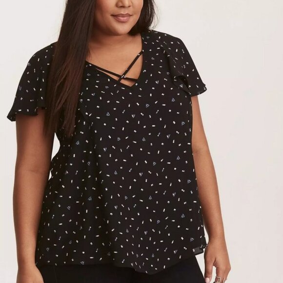 Torrid Black Confetti Crisscross Georgette Flutter Sleeve Blouse, 3X - Picture 3 of 15